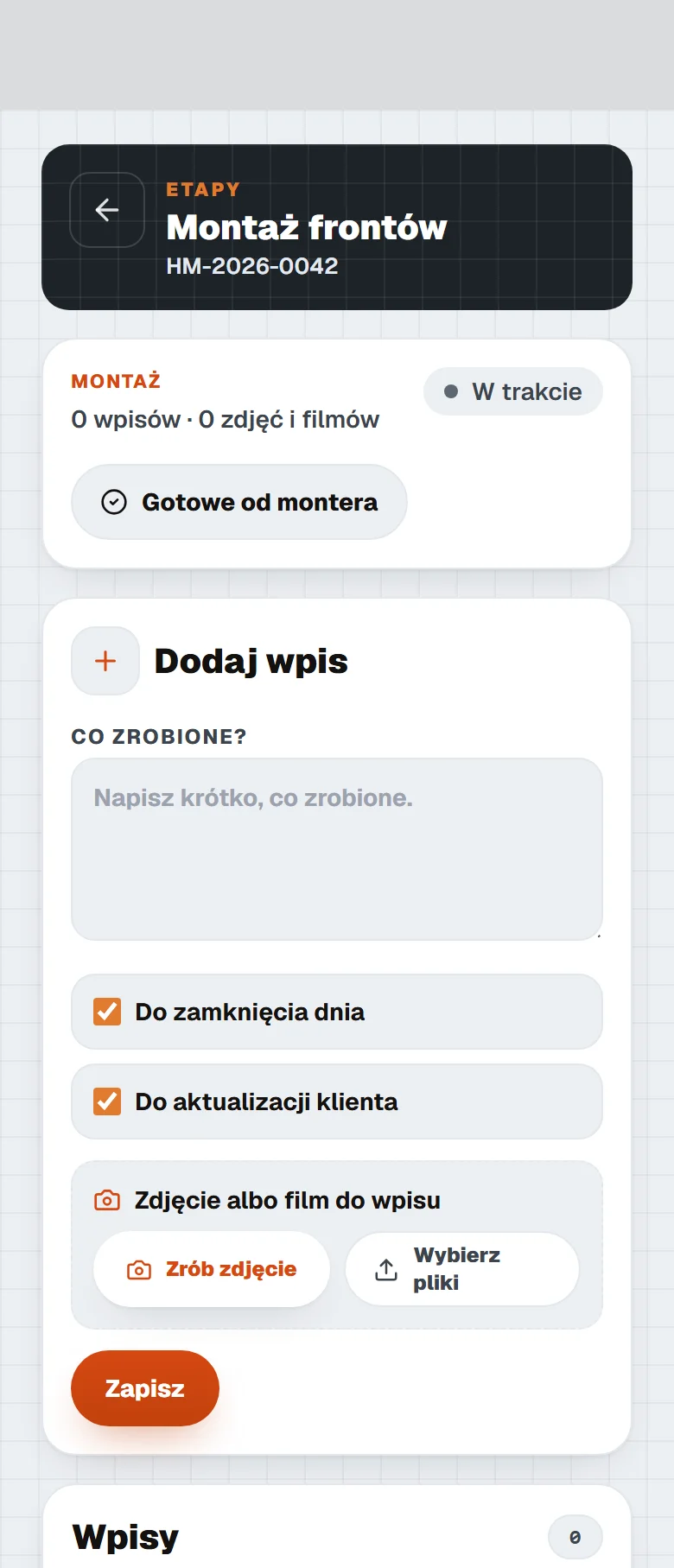 Szczegół etapu Montaż frontów w telefonie pracownika
