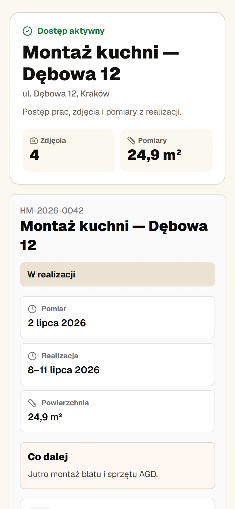 Raport klienta otwarty na telefonie: Montaż kuchni — Dębowa 12, dostęp aktywny, 4 zdjęcia, 24,9 m²
